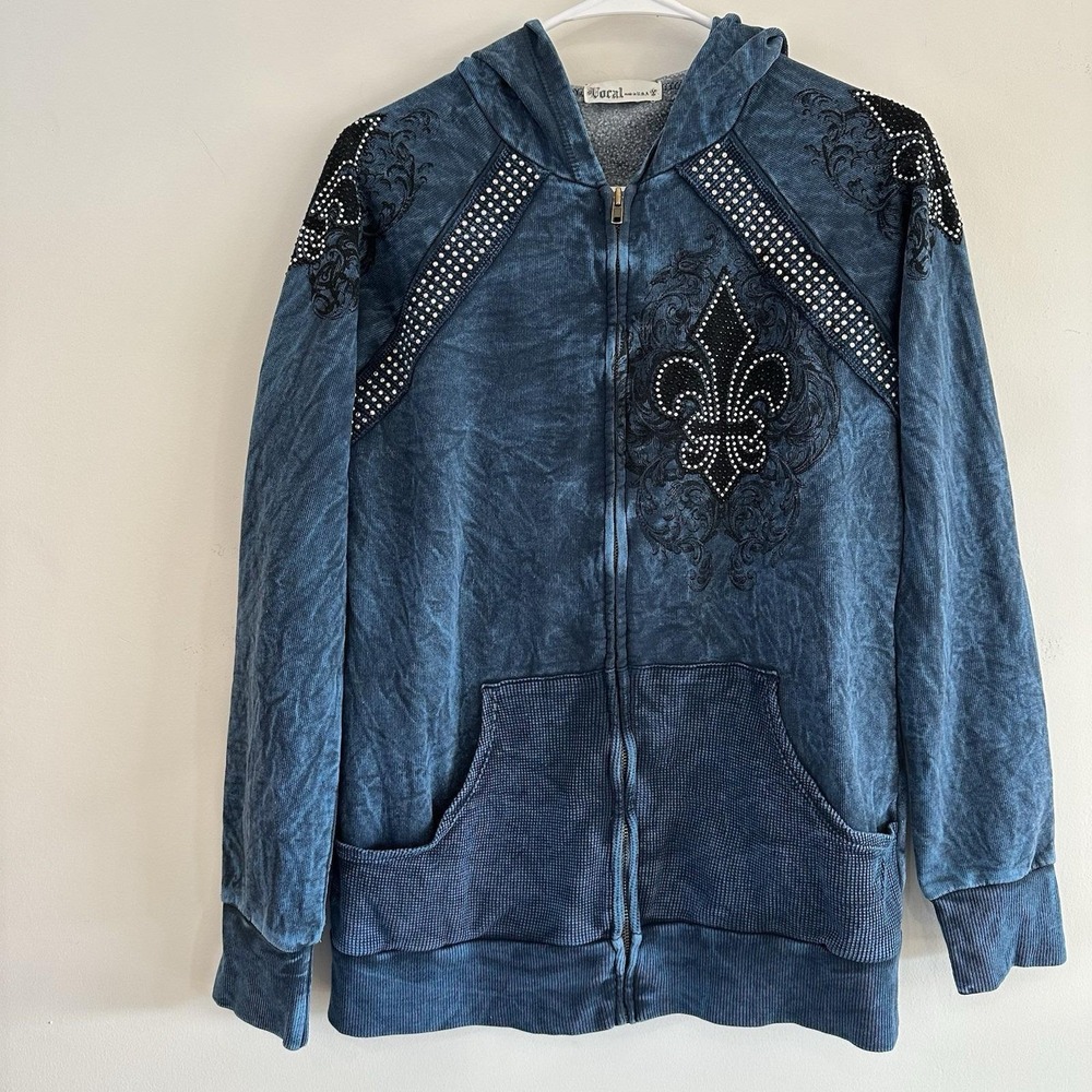 VOCAL Womens Crystal Bling Blue‎ Mineral Dyed Fleur De Lis Hoodie Jacket L Y2K